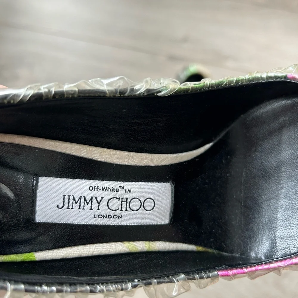 Off-White X Jimmy Choo Pink White Floral Satin Heels Plastic Overlay Size 37 - Picture 10 of 12